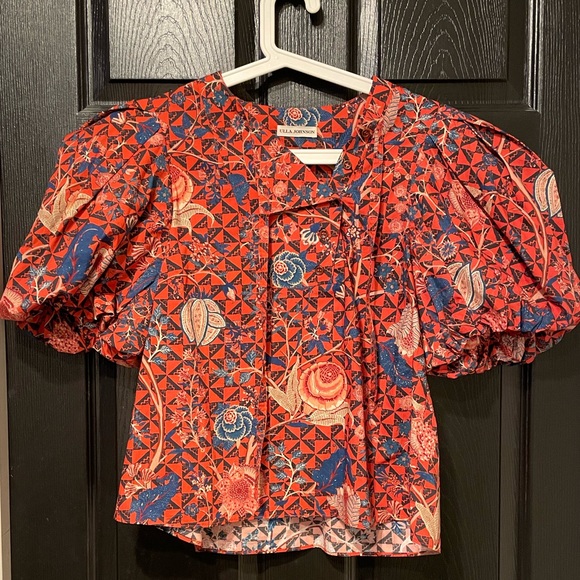 ULLA JOHNSON 100% Cotton Short Puff Sleeve Elise Hibiscus Floral Blouse 6 $495 - Picture 1 of 16